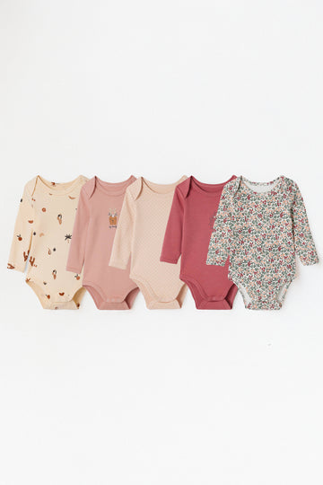 Baby Bodysuit Pack of 5 | Organic Cotton, Full Sleeve, Cut-way Neck, Newborn to 36 Month, Girl's Pack