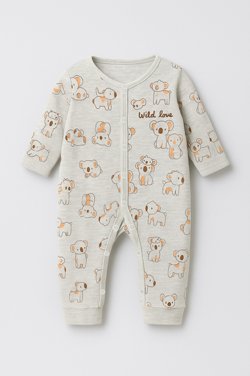 Baby romper with animal print on a light gray background