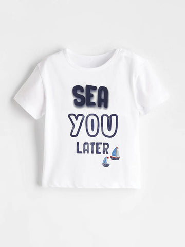 Boys' White Cotton T-Shirt – "Sea You Later" Print