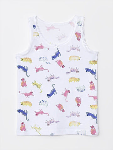 Cotton Sleeveless Girl's Vest Top | White cat Print