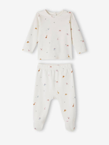 Baby pajama romper set with long-sleeve top and pants on a white background