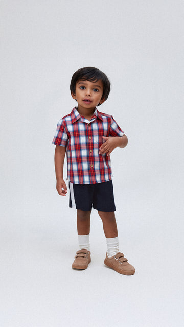 Boy's Short Sleeve Cotton Shirt | Red Checkered
