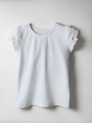 Girl's Short Ruffled Sleeve Plain Cotton T-shirt in white
