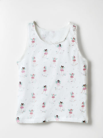 Toddler Girl's Lace Trimmed Cotton Tank Tops | White, Fairy Print