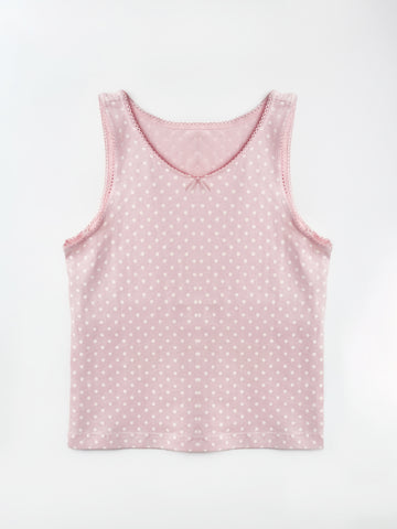 Girl's Tank Top | Cotton, Lace Trimmed, Pink Polka Dot Print