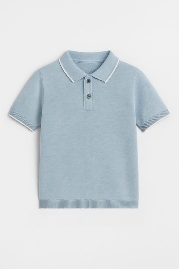 Light blue polo shirt with white collar on a light gray background