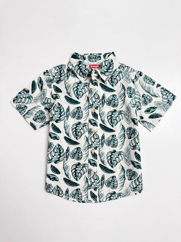 Toddler Boy's Half Sleeve Cotton Shirt | Off White, Leaf Print