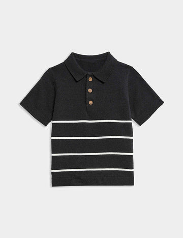 Classic Black Striped Knit Polo Shirt