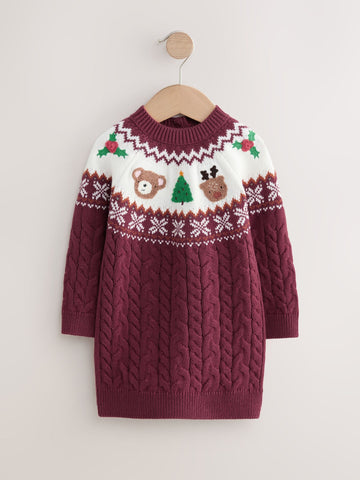 Toddler Girls’ Burgundy Fairisle Pattern Christmas Sweater Dress