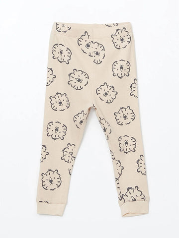 Toddler Ribbed Beige Cotton Leggings – All-Over Lion Print
