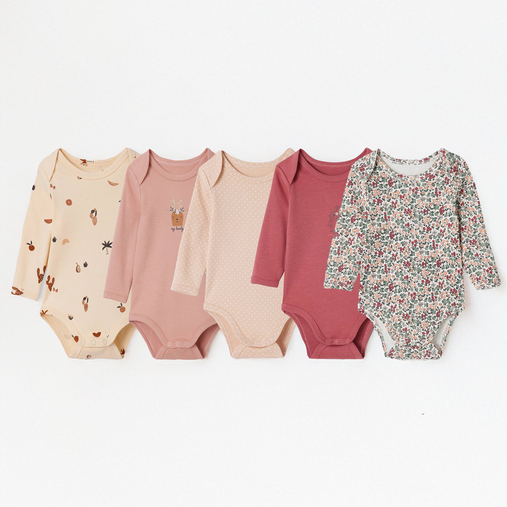 Baby Bodysuit Pack of 5 | Organic Cotton, Full Sleeve, Cut-way Neck, Newborn to 36 Month, Girl's Pack