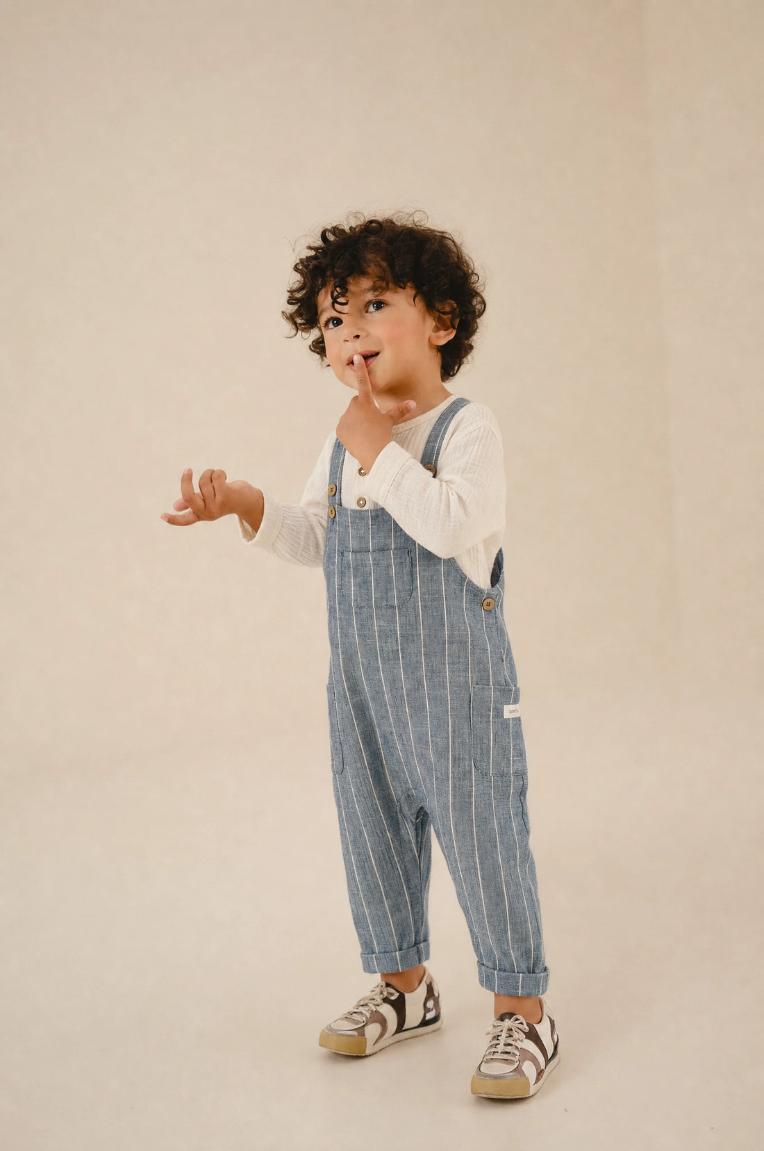 PTex Fashion striped chambray dungaree, flat lay, full front view