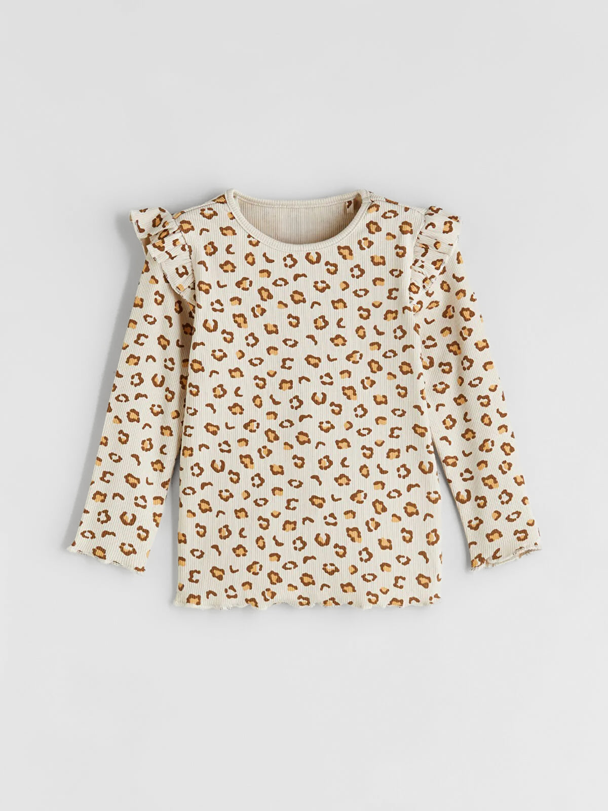 Girl's Ruffled Shoulder Ribbed Cotton Full Sleeve T-shirt | Beige