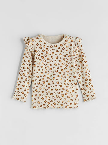 Girl's Ruffled Shoulder Ribbed Cotton Full Sleeve T-shirt | Beige