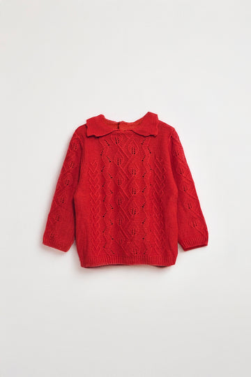 Ruffled Neck Baby Sweater | Cotton, Crimson Red