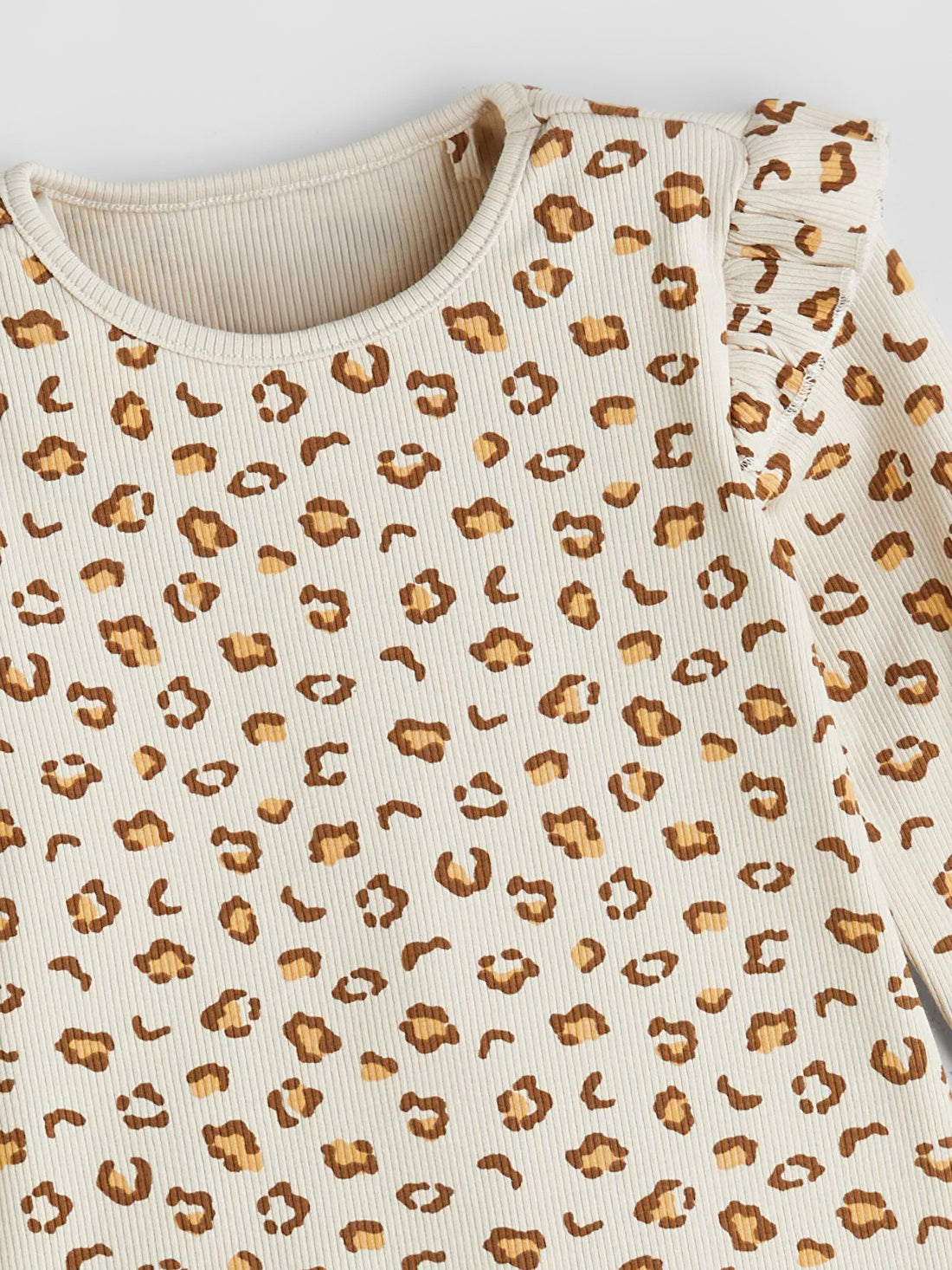 Girl's Ruffled Shoulder Ribbed Cotton Full Sleeve T-shirt | Beige