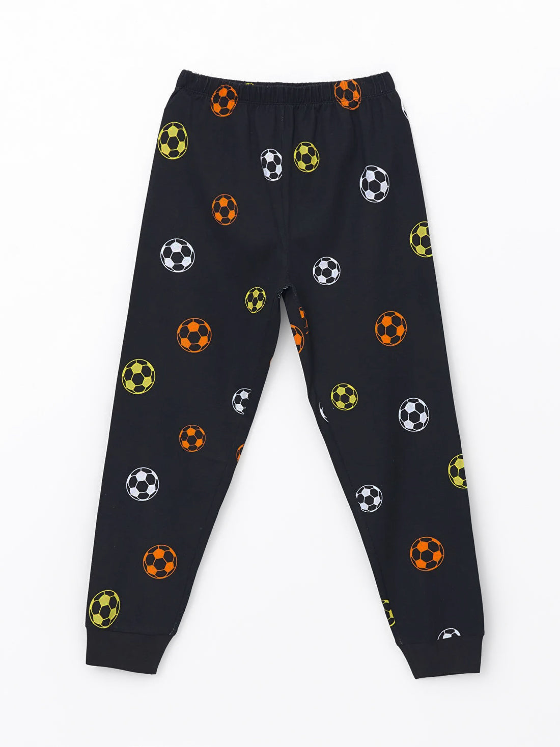 Black pants with colorful soccer ball pattern on a white background