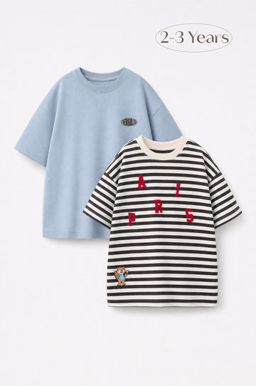 2 Pack Boys' Oversized T-Shirt  | Striped & Washed Blue