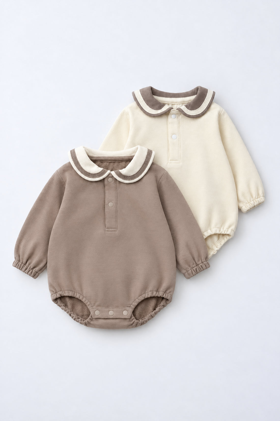 PTex Fashion long sleeve baby onesie with Peter Pan collar and snap placket in mocha and cream