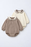 PTex Fashion long sleeve baby onesie with Peter Pan collar and snap placket in mocha and cream