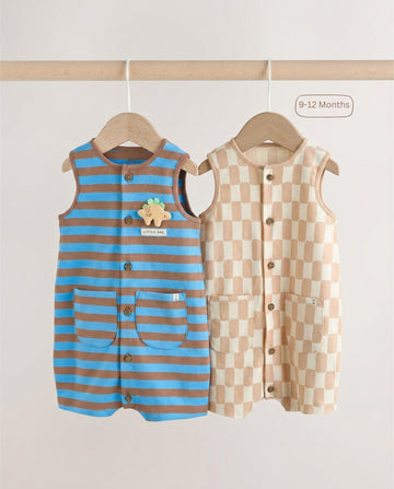 2-Pack Sleeveless Baby Romper – Blue Stripe & Beige Check