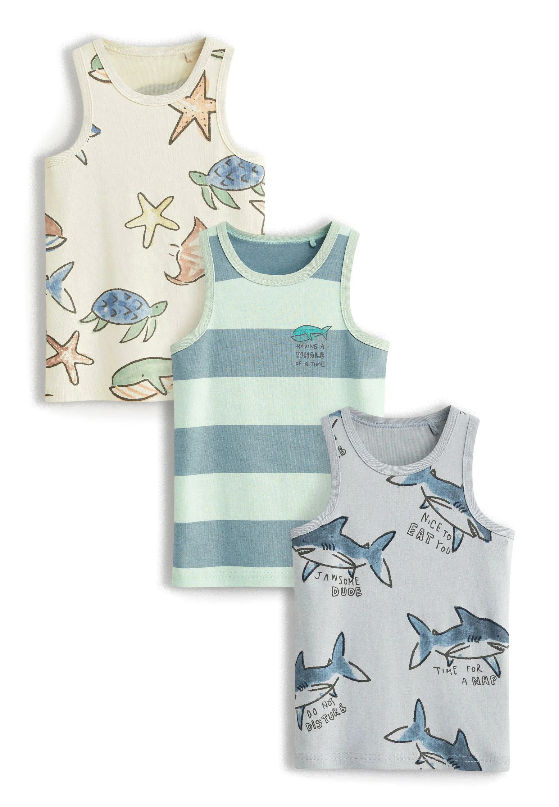 Three children's tank tops with different designs on a white background