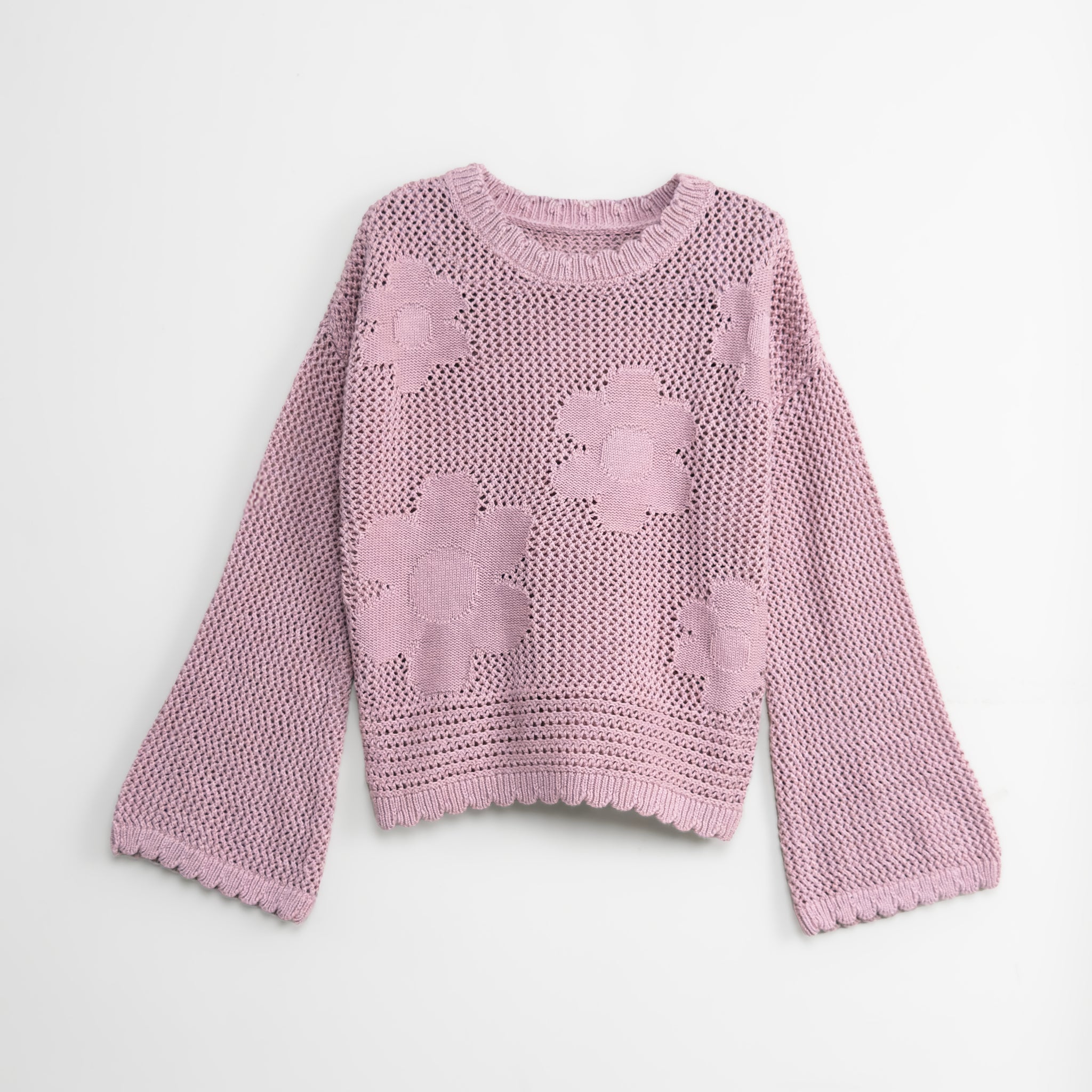 Girl's Open Knit Floral Bell Sleeve Drop Shoulder Jumper