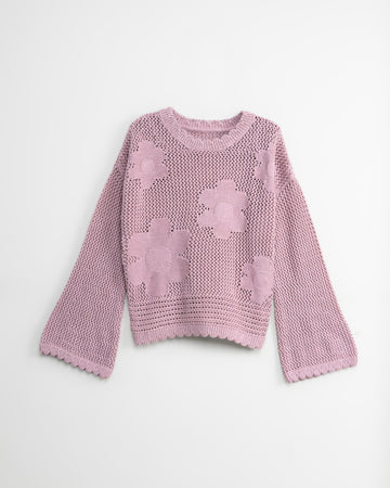 Girl's Open Knit Floral Bell Sleeve Drop Shoulder Jumper