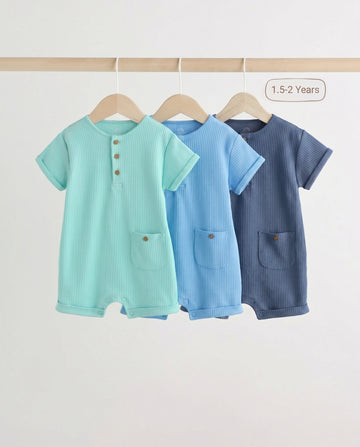 3-Pack Ribbed Cotton Baby Romper – Mint, Blue & Navy