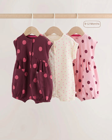 3-Pack Girls' Ribbed Polka Dot Rompers – Burgundy, Ivory & Pink