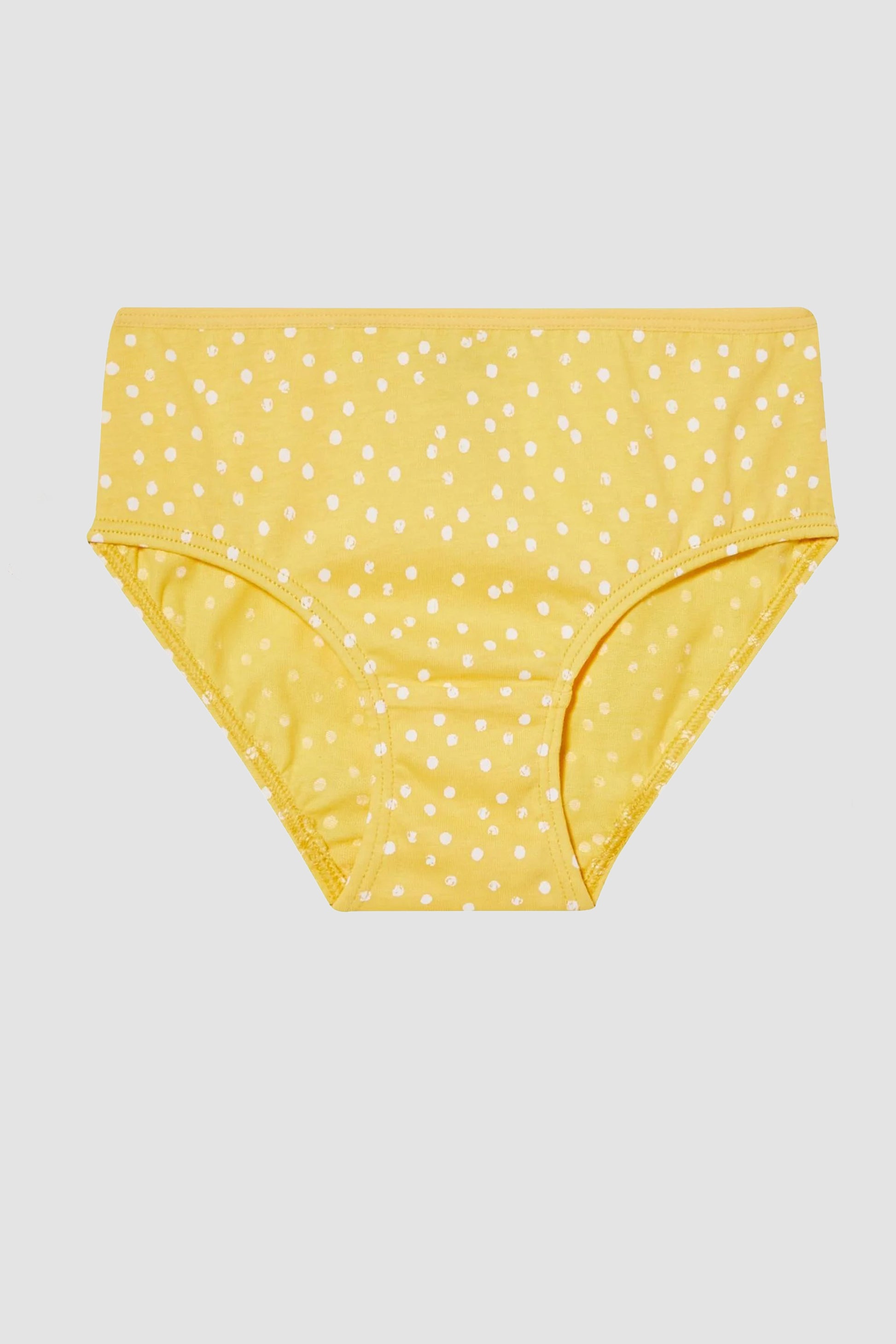 Yellow polka dot girl's underwear on a light gray background