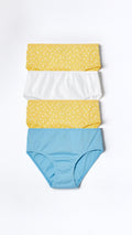 Set of four pairs of girl's underwear in yellow with white polka dots and blue on a white background