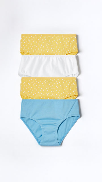 Set of four pairs of girl's underwear in yellow with white polka dots and blue on a white background