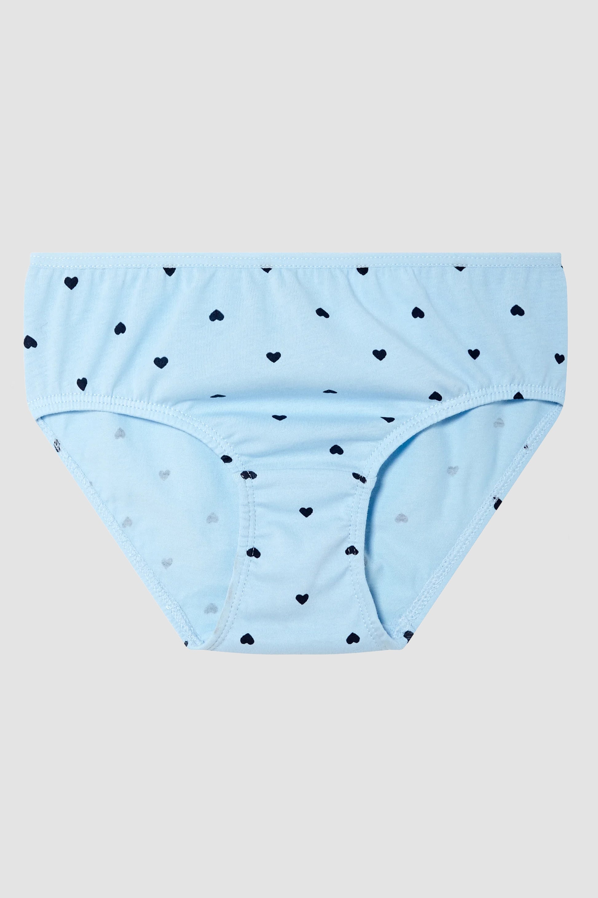 Light blue girl's underwear with black heart pattern on a light gray background