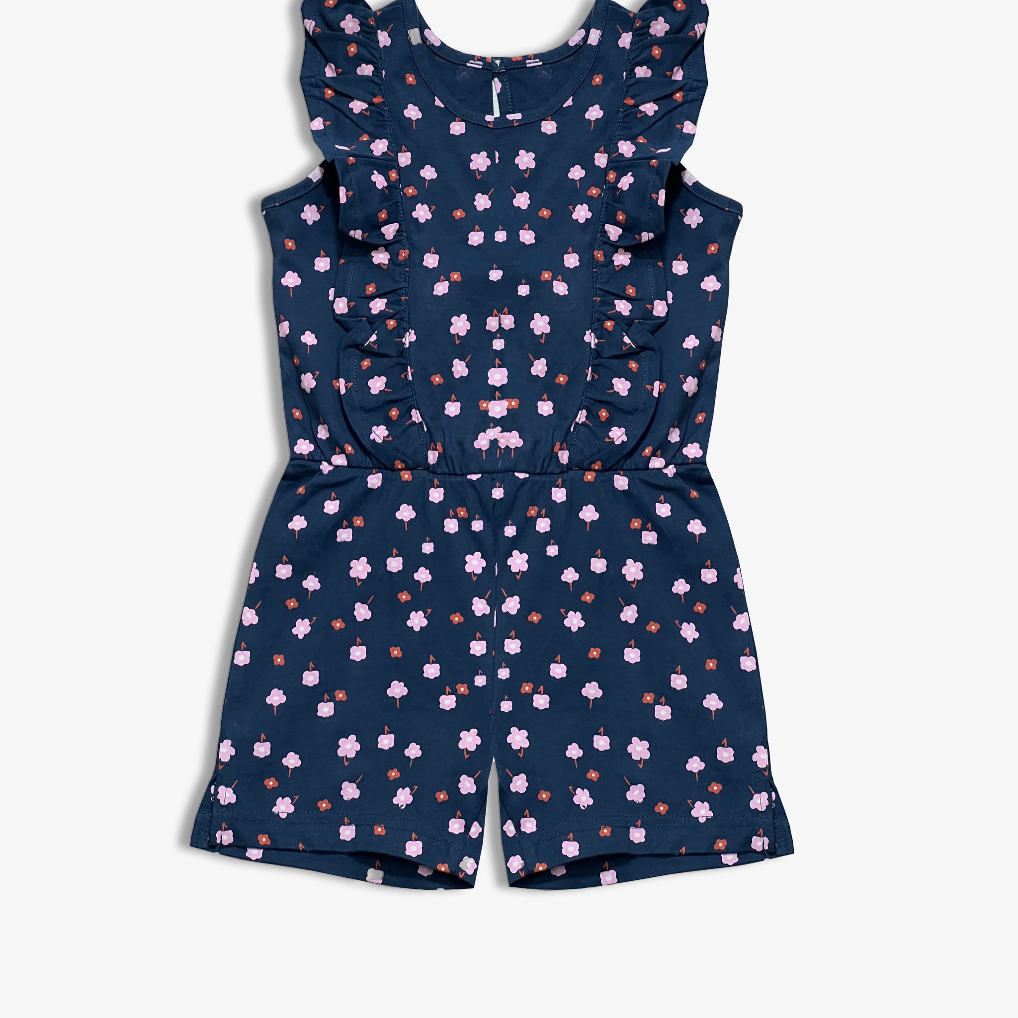 Girl's Jumpsuit | Cotton, Ruffled Trim, Navy floral Print