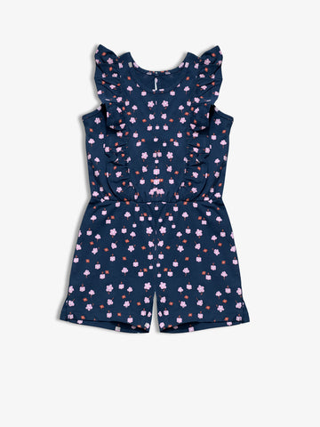 Girl's Jumpsuit | Cotton, Ruffled Trim, Navy floral Print