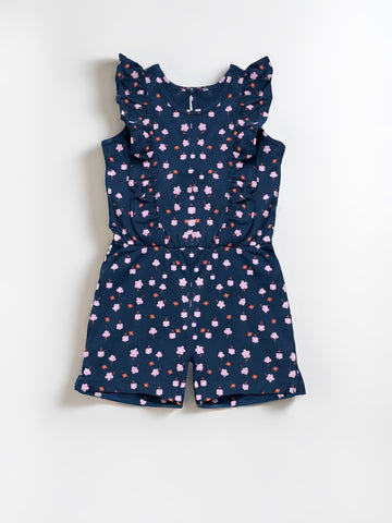 Girl's Jumpsuit | Cotton, Ruffled Trim, Navy floral Print