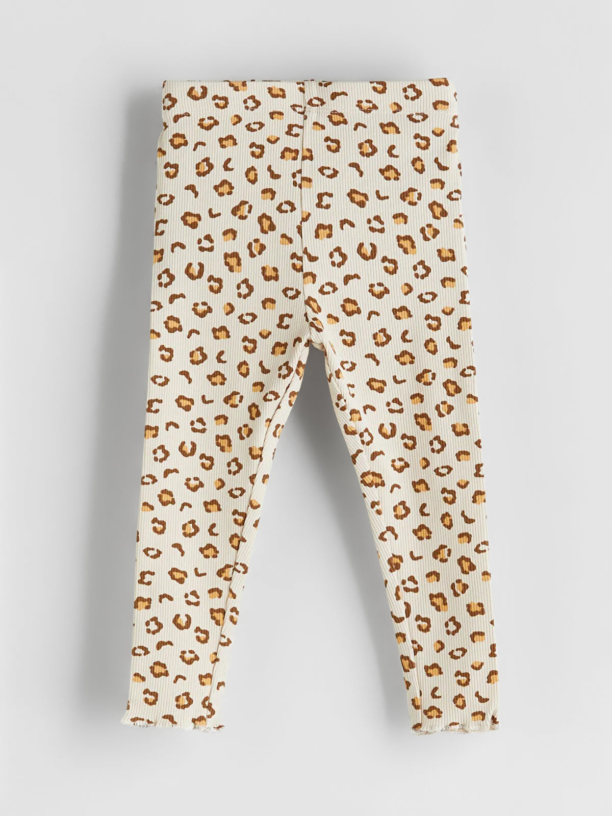 Girls’ Ribbed Cotton Leopard Print Leggings – Beige