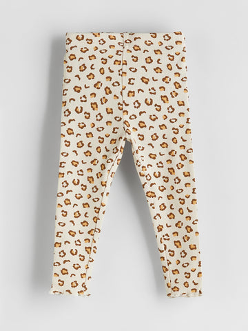 Girls’ Ribbed Cotton Leopard Print Leggings – Beige