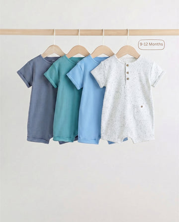 4-Pack Ribbed Cotton Baby Romper Set - Speckled, Blue, Teal, Dusky Blue