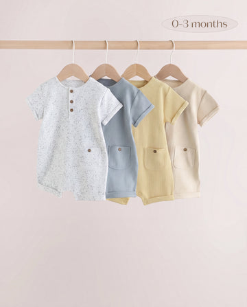 4-Pack Baby Short Romper Ribbed Cotton | Speckled ecru,Dusty blue,Soft yellow,Warm beige