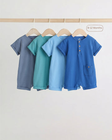 4-Pack Ribbed Cotton Baby Romper Set - Royal Blue, Blue, Teal, Dusky Blue