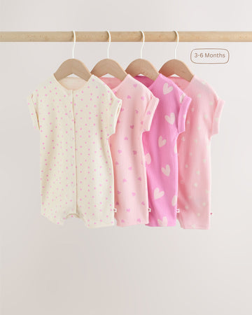 4-Pack Baby Girls' Ribbed Rompers – Pink Hearts & Polka Dot Set