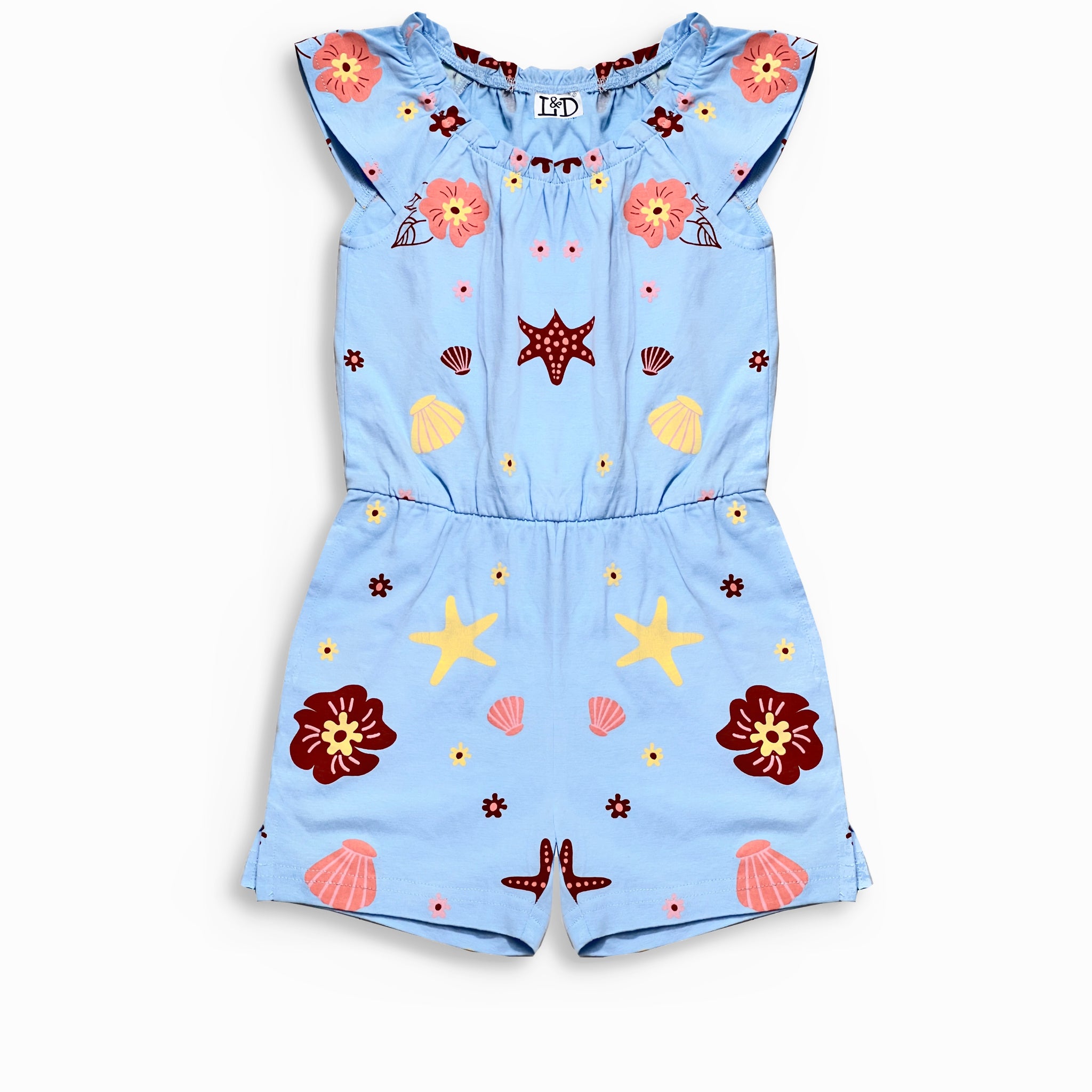 Girl's Jumpsuit | Cotton, Ruffled Trim, Sky Blue