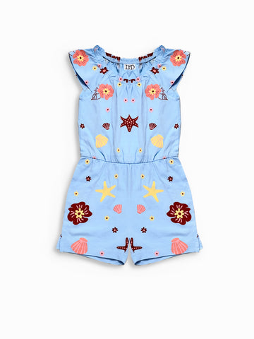 Girl's Jumpsuit | Cotton, Ruffled Trim, Sky Blue