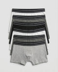 Boys' soft cotton boxer briefs 7-piece pack laid out in black, grey and white