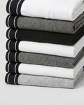 Stack of folded boys' cotton boxer briefs in black, grey and white, 7-pack