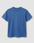 Flat lay of a boy's blue acid wash crew neck T-shirt with short sleeves and a relaxed fit, displayed on a light grey background.