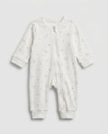 Ivory baby long-sleeve zip-up romper with all-over scattered bunny and bird print in taupe, featuring front zip closure with inner guard flap and ribbed cuffs at wrists and ankles