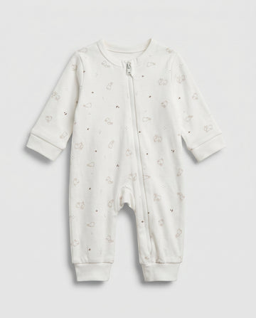 Ivory baby long-sleeve zip-up romper with all-over scattered bunny and bird print in taupe, featuring front zip closure with inner guard flap and ribbed cuffs at wrists and ankles